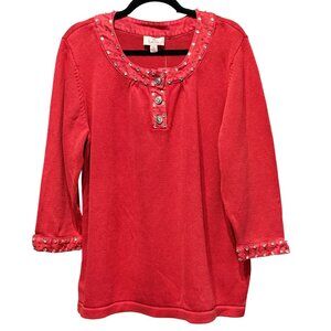 Quacker Factory Red Embellished Button-Front 3/4 Sleeve Knit Top XL 100% Cotton
